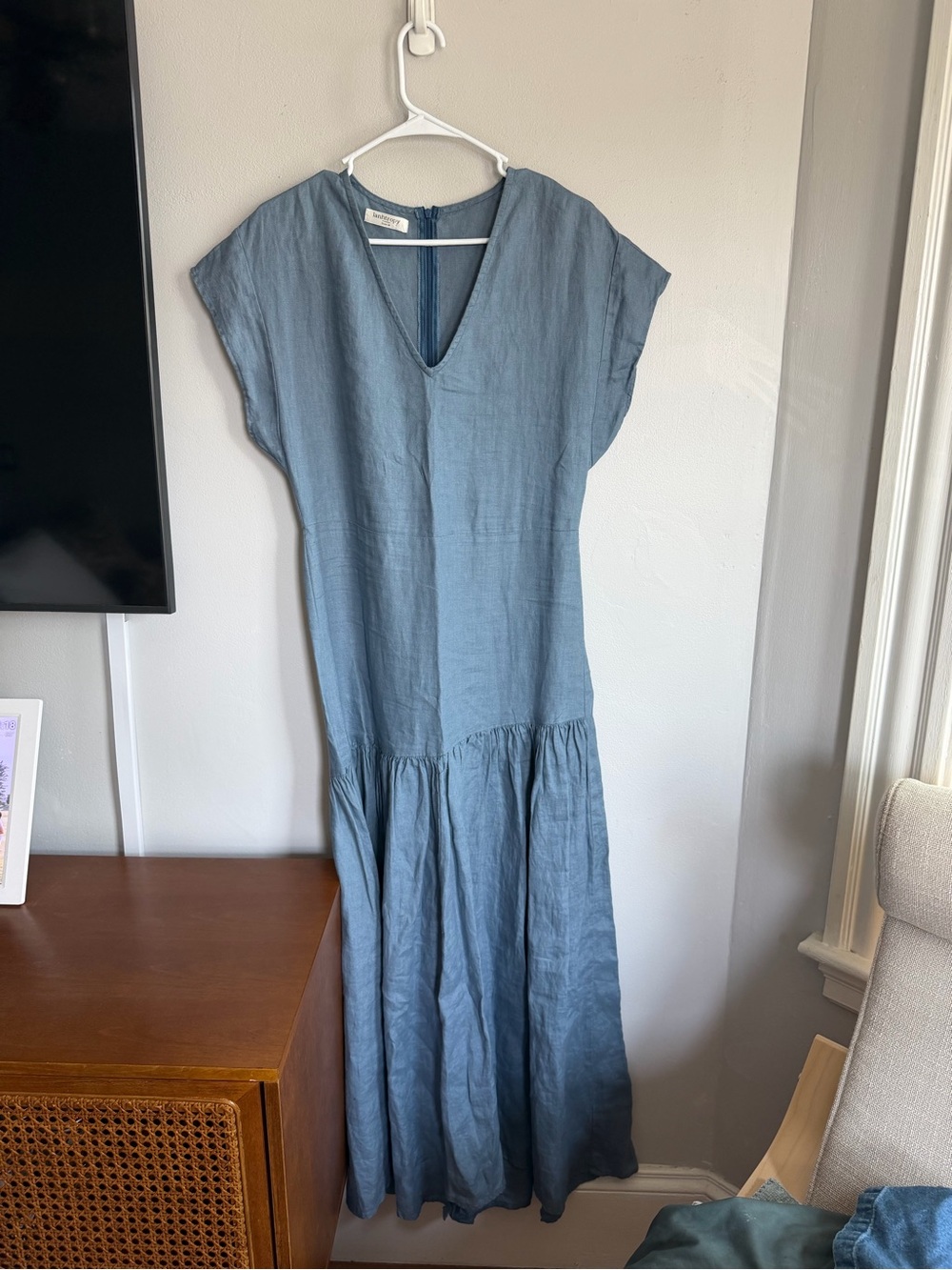 Lanthropy Drop Waist Linen Maxi Dress Short Sleeve Blue M